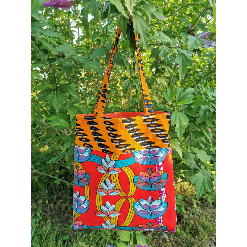 Tote Bag Fourre-tout En Wax Togo - Motif Floral Multicolore - Fait Main - Taille Moyenne